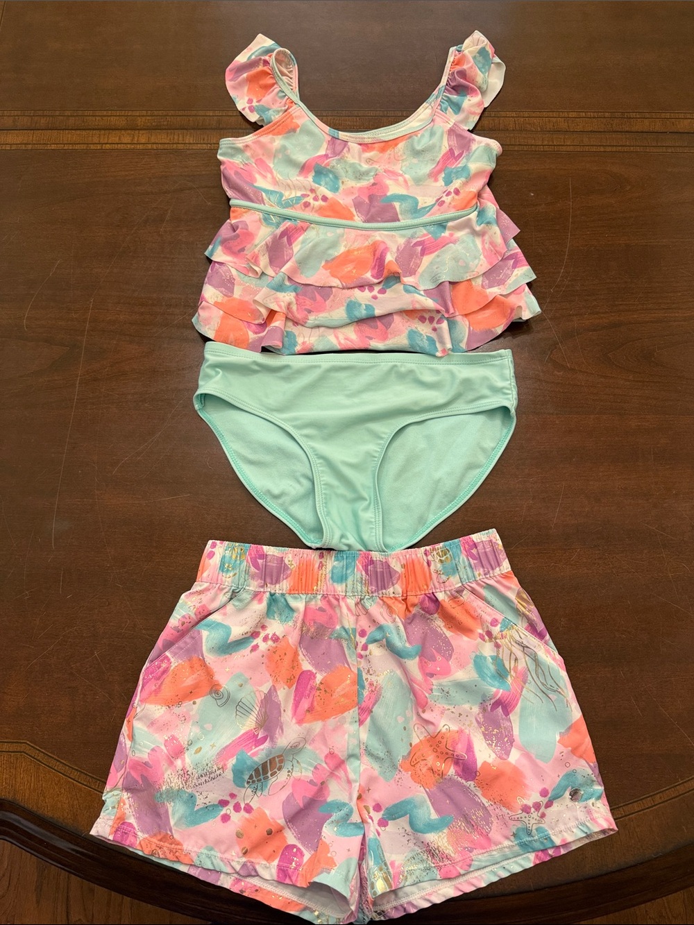 Justice Mint & Pastel Multi Ruffle Tankini with Printed Swim Shorts